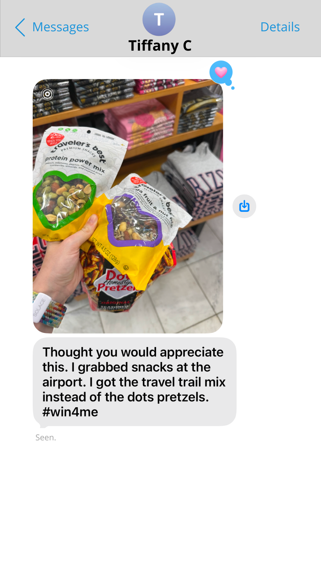 Photo and text from Tiffany C. at the airport, showing she chose a protein-powered trail mix over Dots pretzels: '#win4me.'